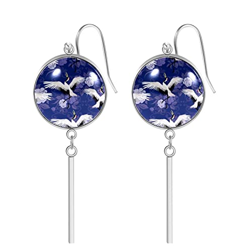 Hermoso juego de pendientes colgantes de grúa sobre fondo azul para mujeres/niñas pendientes de acero inoxidable con hermosa impresión para regalos de cumpleaños/fiestas/Navidad
