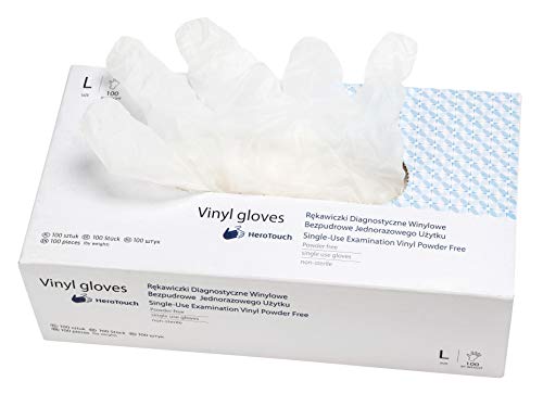 HeroTouch Guantes Desechables De Vinilo sin Polvo ni Proteínas Alergénicas, 100 Unidades Por Caja Dispensadora, Talla XL sin Guantes Protectivos para Uso en Hogar, Tiendas y Cosméticos