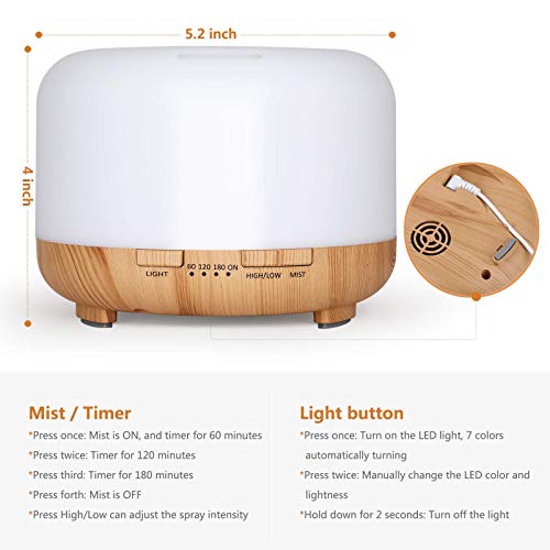 Hianjoo Aroma Diffuser Humidificador 450ml Humidificador Ultrasónico Aromaterapia Lámpara LED Colorida con Función Control Remoto para Yoga Salon SPA Vivir,Dormir, Bañarse, Hotel, Marrón