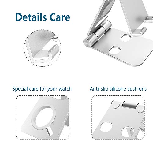 Hianjoo Soporte Móviles, Tableta Metal Soporte, 2 in 1 Portátil Plegable Holder para Teléfono Celulares, Reloj Dock, Ángulo Ajustable Base Compatible con Switch Máquina de Juegos, Plata