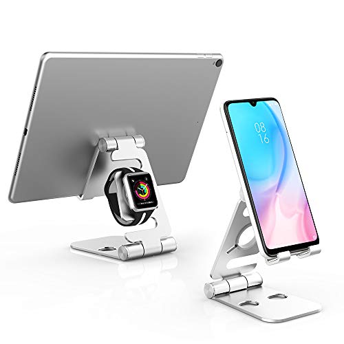 Hianjoo Soporte Móviles, Tableta Metal Soporte, 2 in 1 Portátil Plegable Holder para Teléfono Celulares, Reloj Dock, Ángulo Ajustable Base Compatible con Switch Máquina de Juegos, Plata