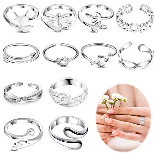 Hicarer Juego de Anillos Abiertos de Plata de 12 Piezas Anillos de Dedo Ajustables Anillos Abierto de Nudo de Pie Anillos de Cola de Articulación Apilables Varios Joyería de Playa para Mujeres Niñas