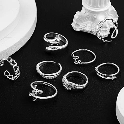 Hicarer Juego de Anillos Abiertos de Plata de 12 Piezas Anillos de Dedo Ajustables Anillos Abierto de Nudo de Pie Anillos de Cola de Articulación Apilables Varios Joyería de Playa para Mujeres Niñas