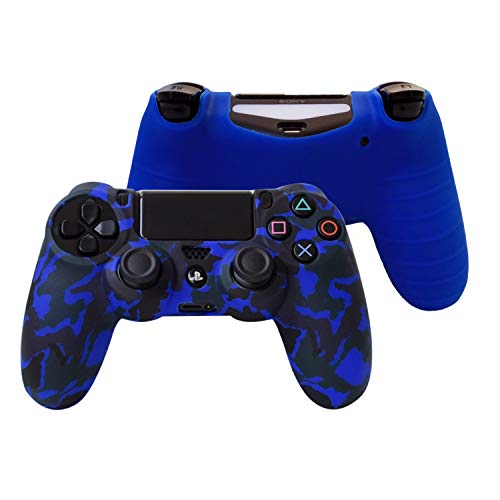 Hikfly Silicona Control de Aceite de Goma Cubierta de Piel Protectora Caso Faceplates para PS4 / PS4 Slim / PS4 Pro Controladores (2xController Cover con 8 x Pulgar Tope Tapas)(Azul,Rojo)