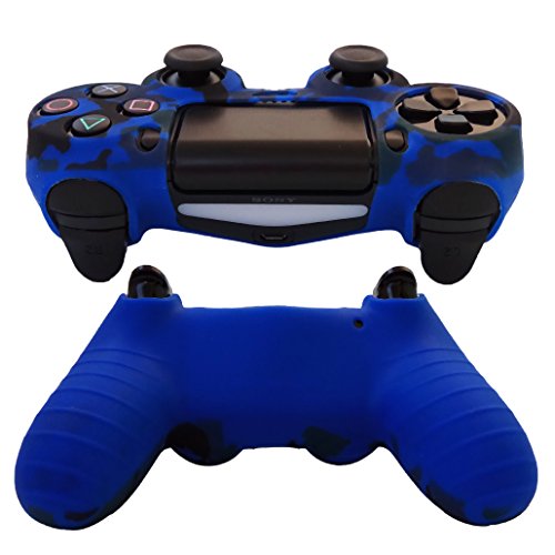 Hikfly Silicona Control de Aceite de Goma Cubierta de Piel Protectora Caso Faceplates para PS4 / PS4 Slim / PS4 Pro Controladores (2xController Cover con 8 x Pulgar Tope Tapas)(Azul,Rojo)