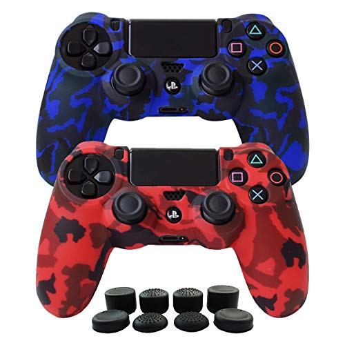 Hikfly Silicona Control de Aceite de Goma Cubierta de Piel Protectora Caso Faceplates para PS4 / PS4 Slim / PS4 Pro Controladores (2xController Cover con 8 x Pulgar Tope Tapas)(Azul,Rojo)