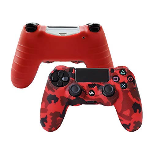 Hikfly Silicona Control de Aceite de Goma Cubierta de Piel Protectora Caso Faceplates para PS4 / PS4 Slim / PS4 Pro Controladores (2xController Cover con 8 x Pulgar Tope Tapas)(Azul,Rojo)