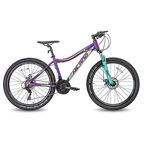 Hiland Bicicleta de montaña de 26 Pulgadas, Cuadro de Aluminio, 24 velocidades, Disco Dual con Horquilla de suspensión Lock-out para Mujeres, Color Morado…