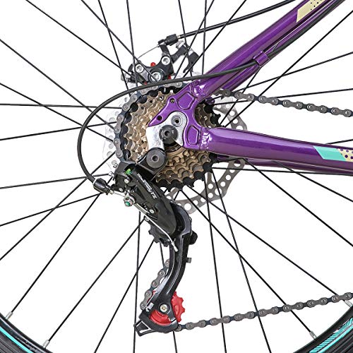 Hiland Bicicleta de montaña de 26 Pulgadas, Cuadro de Aluminio, 24 velocidades, Disco Dual con Horquilla de suspensión Lock-out para Mujeres, Color Morado…
