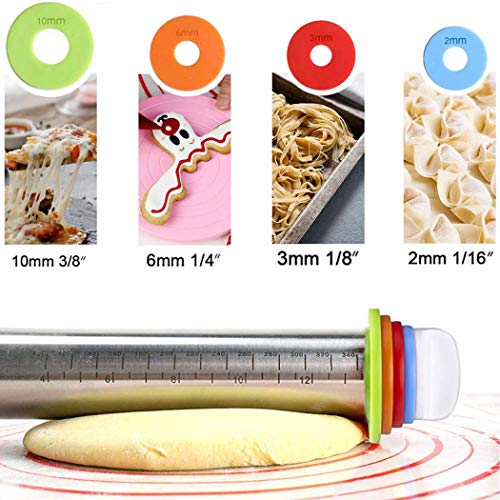 Hillento rodillo, pasadores 17 pulgadas de acero inoxidable ajustable Pasta del balanceo de palo de rodillo con 4 anillos de espesor para cocción de pizza pastelería pastel de galleta, antiadherente
