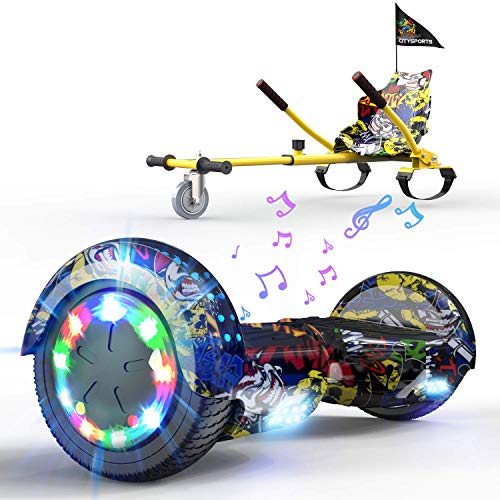 HITWAY Hoverboard de Overboard 6.5 Pulgadas y Hoverkart, Patinete Eléctrico Auto Equilibrio con Hoverkart, Scooter Eléctrico Bluetooth Asiento Kart, Self Balancing Scooter con LED, Regalo para Niños…