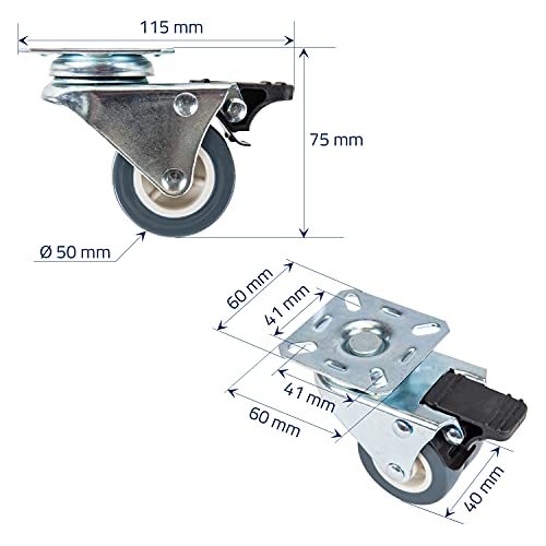 HMF 6720 - Ruedas dobles para cargas pesadas con freno, poliuretano, 4 unidades, 50 mm, hasta 400 kg, color gris