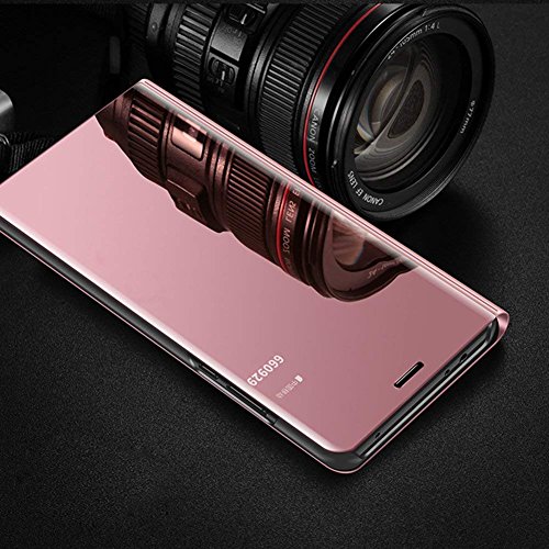 HMTECH Funda Samsung Galaxy A20 / A30 / A50 Funda Espejo Mirror Libro Flip Soporte Plegable Espejo Enchapado Window View Delantera y Trasera Completa Protectora Carcasa,Mirror PU Rose Gold