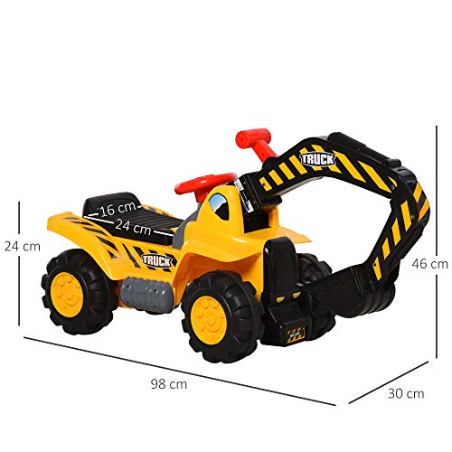 HOMCOM 4 en 1 Excavadora Juguete para Niños +3 Años Tractor Infantil con Pala Caja Oculta de Almacenaje Aro de Baloncesto Volante Giratorio 98x30x46 cm Amarillo