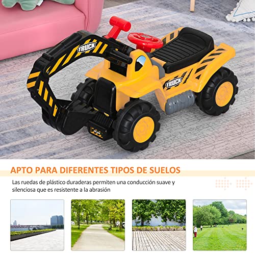 HOMCOM 4 en 1 Excavadora Juguete para Niños +3 Años Tractor Infantil con Pala Caja Oculta de Almacenaje Aro de Baloncesto Volante Giratorio 98x30x46 cm Amarillo