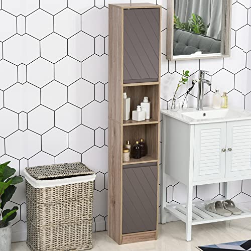 HOMCOM Armario Alto para Baño Columna de Baño con 2 Puertas y 2 Estantes Abiertos Mueble Auxiliar de Almacenaje para Salón Recibidor 30x24x170 cm Roble y Gris