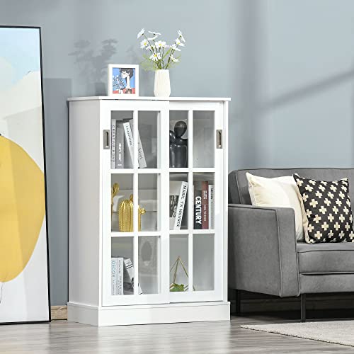 HOMCOM Armario de Libros Vitrina con 2 Puertas Correderas Estantes de Almacenaje y Balda Ajustable Mueble Organizador para Oficina Salón Estudio 80x40x121,7 cm Blanco