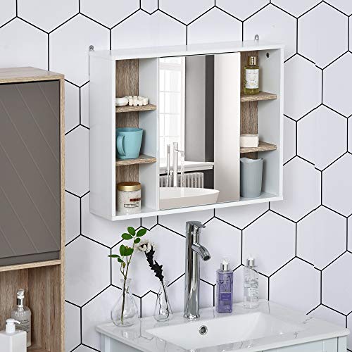 HOMCOM Armario Espejo con Espacio Interno con Estantes Ajustables Armario de Baño Montado en la Pared con Estantes Abiertos 60x14,5x49,4 cm Blanco y Roble