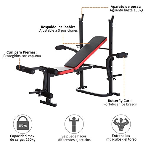 HOMCOM Banco de Pesas Multifuncional Tipo Banco de Musculación con Respaldo Ajustable Carga 150kg Acero 105x150x112cm