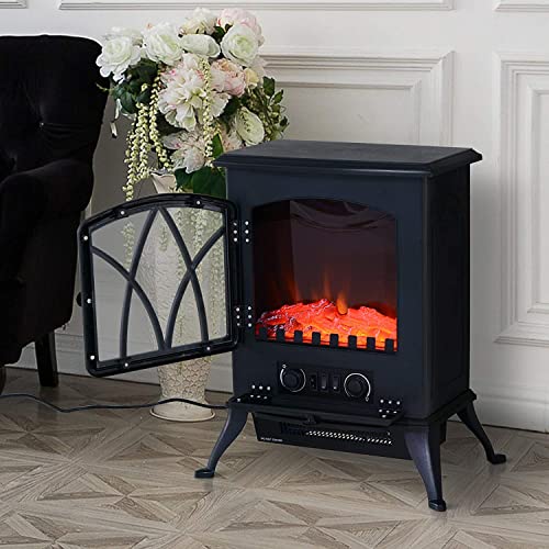 HOMCOM Chimenea Eléctrica Móvil Tipo Estufa de Pie con Efecto de Leña Ardiendo Calefactor 1000W/2000W 45x28,5x54cm Color Negro