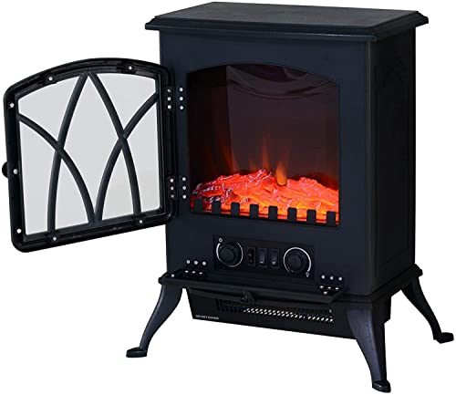 HOMCOM Chimenea Eléctrica Móvil Tipo Estufa de Pie con Efecto de Leña Ardiendo Calefactor 1000W/2000W 45x28,5x54cm Color Negro