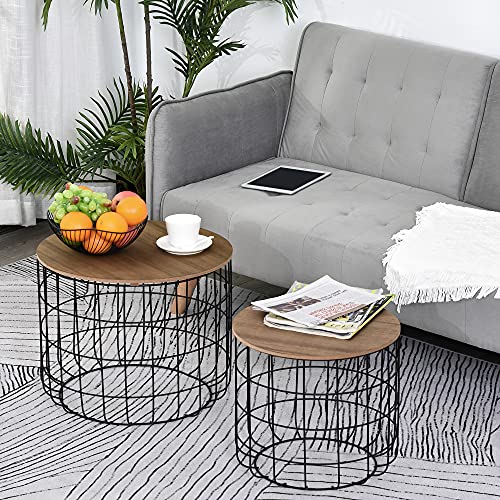 HOMCOM Conjunto de 2 Mesitas Auxiliares Apilables Mesa de Centro Estilo Industrial con Tapa Extraíble y Cesta Metálica Ø50x41 cm y Ø40x36,5 cm Madera y Negro