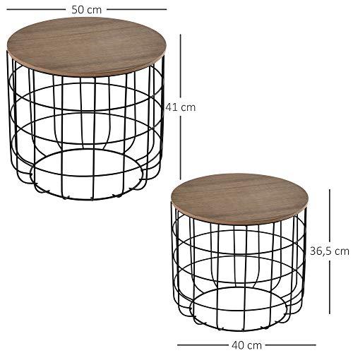 HOMCOM Conjunto de 2 Mesitas Auxiliares Apilables Mesa de Centro Estilo Industrial con Tapa Extraíble y Cesta Metálica Ø50x41 cm y Ø40x36,5 cm Madera y Negro