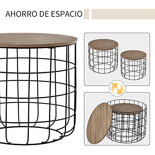 HOMCOM Conjunto de 2 Mesitas Auxiliares Apilables Mesa de Centro Estilo Industrial con Tapa Extraíble y Cesta Metálica Ø50x41 cm y Ø40x36,5 cm Madera y Negro