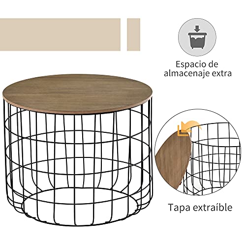HOMCOM Conjunto de 2 Mesitas Auxiliares Apilables Mesa de Centro Estilo Industrial con Tapa Extraíble y Cesta Metálica Ø50x41 cm y Ø40x36,5 cm Madera y Negro
