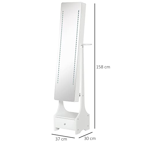 HOMCOM Espejo Joyero de Pie con Luz Armario para Joyas con Espejo de Cuerpo Entero 3 Ángulos Ajustables con Cajón y Colgador para Secador 37x30x158 cm Blanco
