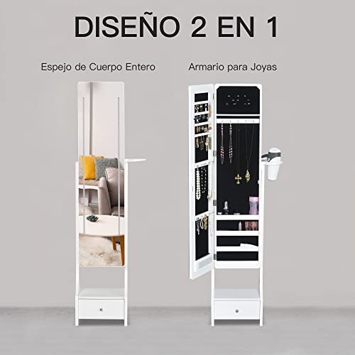 HOMCOM Espejo Joyero de Pie con Luz Armario para Joyas con Espejo de Cuerpo Entero 3 Ángulos Ajustables con Cajón y Colgador para Secador 37x30x158 cm Blanco