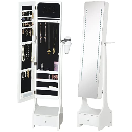 HOMCOM Espejo Joyero de Pie con Luz Armario para Joyas con Espejo de Cuerpo Entero 3 Ángulos Ajustables con Cajón y Colgador para Secador 37x30x158 cm Blanco