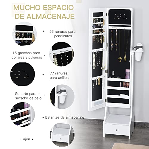 HOMCOM Espejo Joyero de Pie con Luz Armario para Joyas con Espejo de Cuerpo Entero 3 Ángulos Ajustables con Cajón y Colgador para Secador 37x30x158 cm Blanco