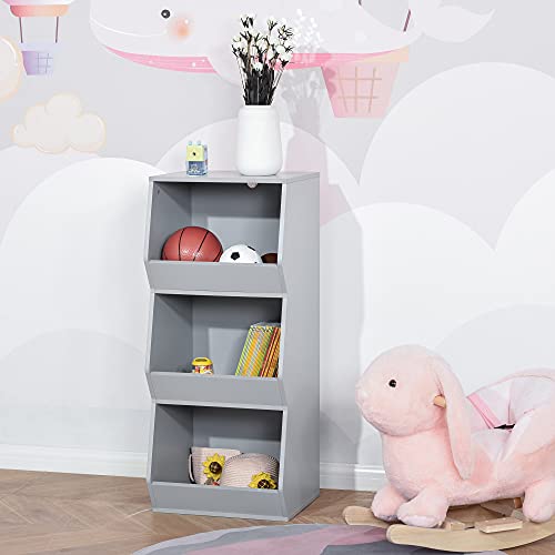HOMCOM Estantería Infantil Librería de Madera para Niños con 3 Estantes Almacenamiento de Juguetes Libros para Habitación de los Niños Sala de Juegos 38x34,5x90 cm Gris