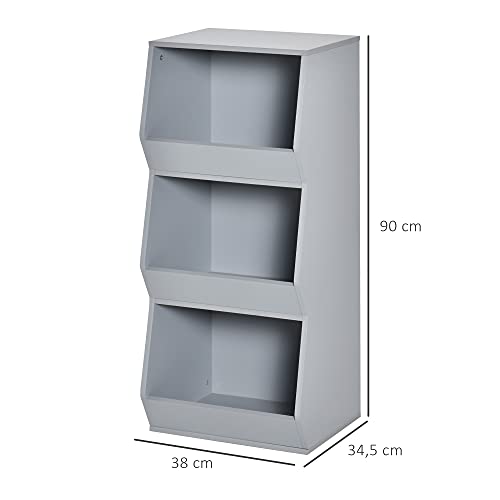 HOMCOM Estantería Infantil Librería de Madera para Niños con 3 Estantes Almacenamiento de Juguetes Libros para Habitación de los Niños Sala de Juegos 38x34,5x90 cm Gris
