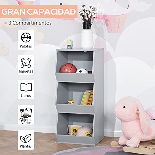 HOMCOM Estantería Infantil Librería de Madera para Niños con 3 Estantes Almacenamiento de Juguetes Libros para Habitación de los Niños Sala de Juegos 38x34,5x90 cm Gris