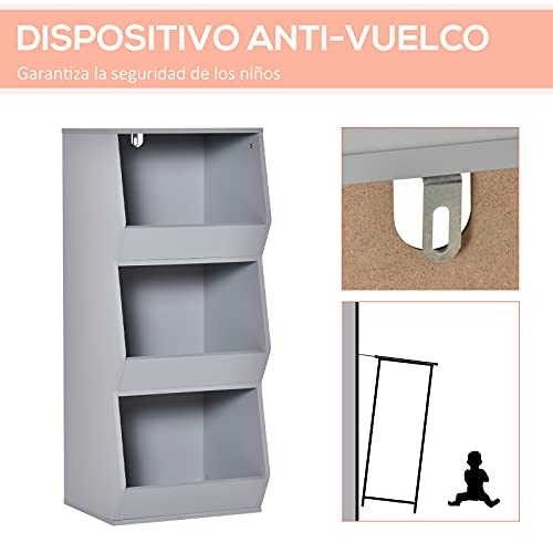 HOMCOM Estantería Infantil Librería de Madera para Niños con 3 Estantes Almacenamiento de Juguetes Libros para Habitación de los Niños Sala de Juegos 38x34,5x90 cm Gris