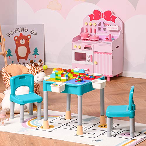 HOMCOM Juego de Mesa y 2 Sillas para Niños con 135 Bloques de Construcción Mesa de Ambos Lados Útiles para Dibujar y Cenar con Gran Almacenaje 69x69x47 cm Multicolor