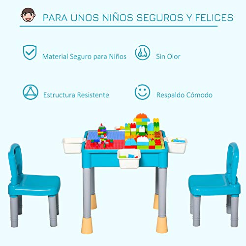 HOMCOM Juego de Mesa y 2 Sillas para Niños con 135 Bloques de Construcción Mesa de Ambos Lados Útiles para Dibujar y Cenar con Gran Almacenaje 69x69x47 cm Multicolor