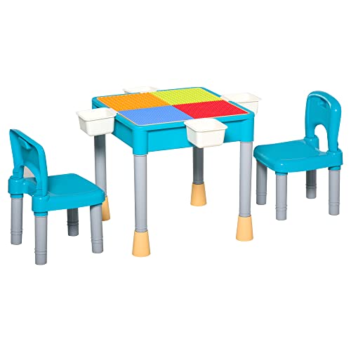 HOMCOM Juego de Mesa y 2 Sillas para Niños con 135 Bloques de Construcción Mesa de Ambos Lados Útiles para Dibujar y Cenar con Gran Almacenaje 69x69x47 cm Multicolor