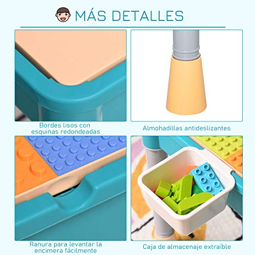 HOMCOM Juego de Mesa y 2 Sillas para Niños con 135 Bloques de Construcción Mesa de Ambos Lados Útiles para Dibujar y Cenar con Gran Almacenaje 69x69x47 cm Multicolor