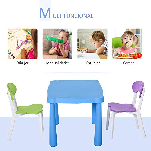 HOMCOM Juego Infantil de Mesa y 2 Sillas de Actividad con Respaldo y Cantos de Pulido Redondo para Niños de +2 Años Diseño Ergonómico 76,5x54,5x49,5 cm Multicolor