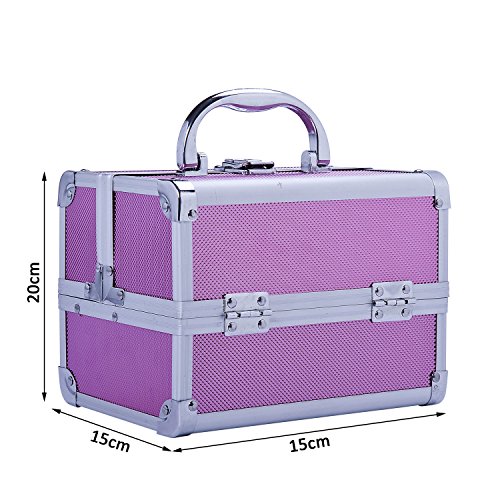HOMCOM Maletín Maquillaje Profesional Estuche de Cosmético Portátil con Bandejas de 3 Niveles y Espejo 2 Llaves para Joyero Manicura Viaje 15x15x20 cm Rosa