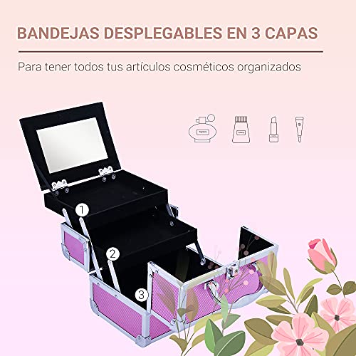 HOMCOM Maletín Maquillaje Profesional Estuche de Cosmético Portátil con Bandejas de 3 Niveles y Espejo 2 Llaves para Joyero Manicura Viaje 15x15x20 cm Rosa