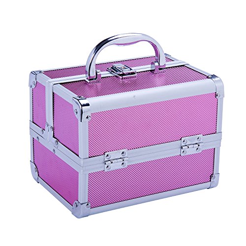 HOMCOM Maletín Maquillaje Profesional Estuche de Cosmético Portátil con Bandejas de 3 Niveles y Espejo 2 Llaves para Joyero Manicura Viaje 15x15x20 cm Rosa
