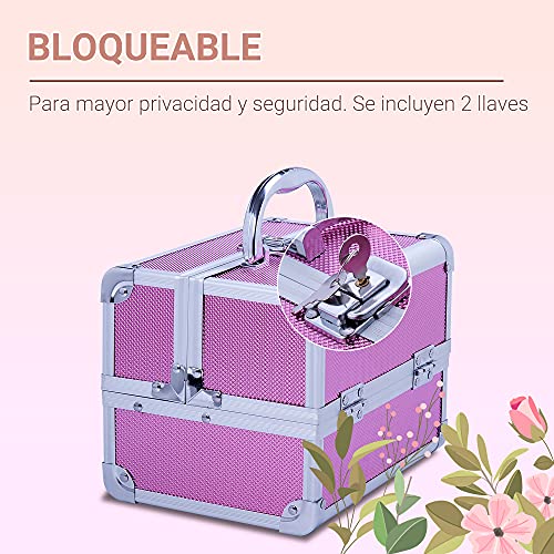 HOMCOM Maletín Maquillaje Profesional Estuche de Cosmético Portátil con Bandejas de 3 Niveles y Espejo 2 Llaves para Joyero Manicura Viaje 15x15x20 cm Rosa