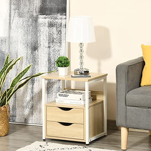 HOMCOM Mesa Auxiliar con 2 Cajones y Estantes de Almacenamiento Mesita de Noche con Marco de Metal para Salón Dormitorio 40x35x49 cm Natural