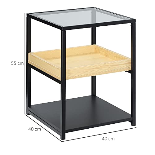 HOMCOM Mesa Auxiliar de 3 Niveles Mesita de Noche Estilo Moderno con Encimera de Cristal Estantes de Madera y de Acero para Dormitorio Salón 40x40x55 cm Negro