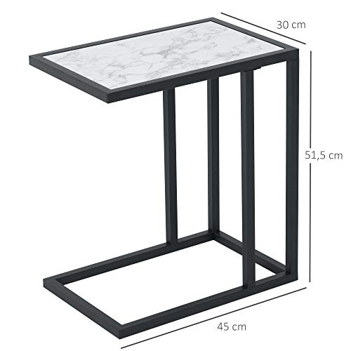 HOMCOM Mesa Lateral para Sofá Moderna Mesa Auxiliar con Superficie Imitación Mármol Estructura de Metal Ahorro de Espacio 45x30x51,5 cm Blanco