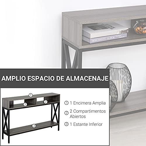 HOMCOM Mueble Recibidor Mesa Consola Estilo Industrial Vintage con 3 Estantes y Marco Metálico para Entrada Pasillo Salón 120x23,5x75 cm Gris y Negro